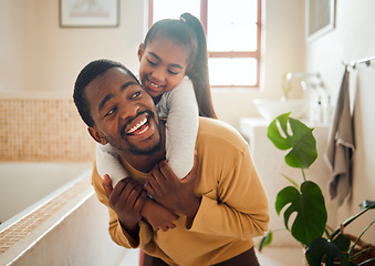 Image showing Black family, father and child in a happy home with love, care and support while in bathroom. Man and girl kid for a piggy back ride with a smile, energy and hug for safety, health and wellness