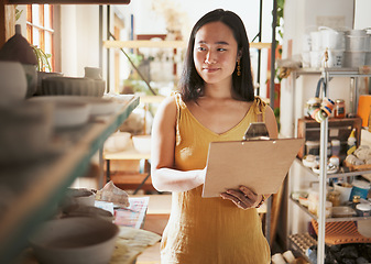 Image showing Kitchen stock checking, Asian woman and clipboard data of a entrepreneur check store information. Happy, smile and startup worker busy working on a ingredient inventory search for accounting audit