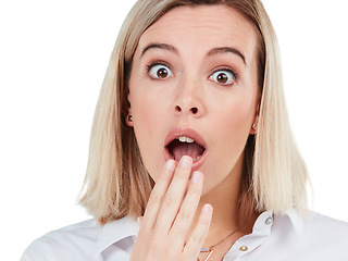 Image showing Secret, stress and portrait of woman in studio with bad surprise, problem or wtf moment of people. Fear, anxiety and shock gasp of young corporate person at isolated white background.