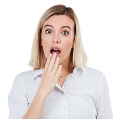 Image showing Business woman and shock portrait in studio for bad surprise, problem or wtf moment of people. Worry, anxiety or stress gasp of shocked and young corporate person at isolated white background.