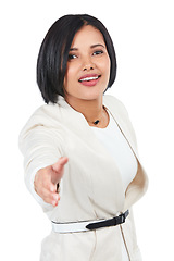 Image showing Corporate studio portrait, black woman and handshake with welcome, onboarding or respect by white background. Isolated manager, hr expert or ceo leader with hand shake for human resources recruitment