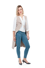 Image showing Studio portrait, woman and confident with fashion for workplace with beauty, style and white background. Isolated corporate leader, vision and motivation with clothes, jeans and happiness in career