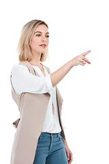 Image showing Fashion, pointing and mockup with a model woman in studio isolated on a white background to show empty space. Logo, branding and product placement with a female posing to point at black mock up