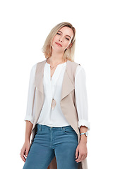 Image showing Fashion, woman and portrait of a model with isolated white background with cool and modern style. Person, calm and jeans of a female alone with casual denim look standing in a studio feeling stylish