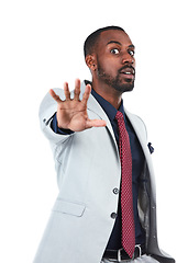 Image showing Fear, portrait and stop hand of businessman for warning, problem or protection sign of people in studio. Corporate black person with anxiety, stress and worry at isolated white background.