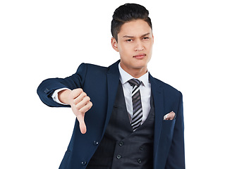 Image showing Portrait, thumbs down and mockup with a business asian man isolated in studio on a white background for negative feedback. Hand, review and mock up with a male employee showing a sign of rejection
