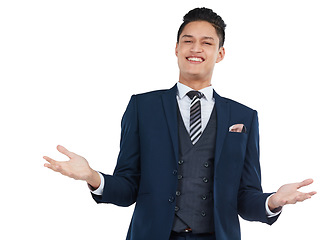 Image showing Portrait, shrug and mockup with a business asian man in studio isolated on a white background to answer a question. Gesture, carefree and mock up with a male employee shrugging on blank space