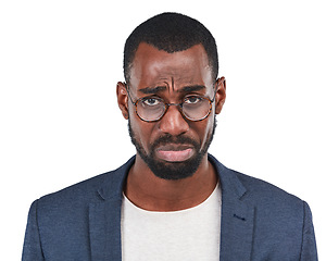 Image showing Sad, business man and black worker portrait of depressed face with sadness from work. White background, isolated and professional model person disappointed of corporate job fail or mistake in studio