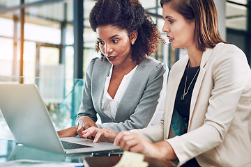 Image showing Diversity, data analysis or business women with laptop for business meeting, invest strategy or planning company finance. Collaboration, thinking or teamwork on tax data analysis or financial network