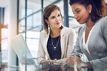 Image showing Serious, data analysis or business women with laptop for business meeting, invest strategy or planning company finance. Collaboration, thinking or teamwork on tax data analysis or financial network