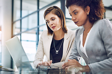 Image showing Business team, laptop and collaboration planning strategy, marketing meeting or teamwork discussion. Corporate women, online web design and ux designers development on digital tech device in office