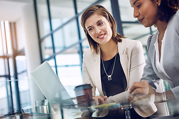 Image showing Happy, data analysis or business women with laptop for business meeting, invest strategy or planning company finance. Collaboration, thinking or teamwork on tax data analysis or financial network