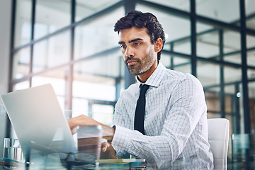 Image showing Thinking, accountant or business man on laptop for investment research, finance planning or data analysis. Focus, corporate or businessman with tech for global network, economy search or analytics