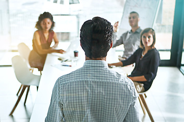 Image showing Presentation, leadership or business people in marketing business meeting, advertising or planning company schedule. Collaboration, back view or teamwork on data analysis, communication or networking