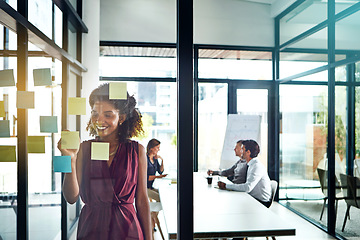 Image showing Thinking, strategy or black woman with smile on business schedule planning, creative idea or marketing review success. Corporate, glass post it or manager for data analysis or analytics