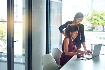 Image showing Success, data analysis or business women with laptop for business meeting, invest strategy or planning company finance. Collaboration, happy or teamwork on tax data analysis or financial network