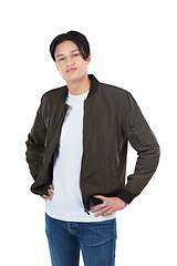 Image showing Handsome, young and portrait of a happy Asian man isolated on a white background in studio. Attractive, stylish and smile of a Japanese model with confidence, style and relaxed on a studio background