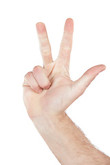 Image showing Man, hand or finger counting on isolated white background in mathematic solution, problem solving or sum addition. Zoom, model or person and hand gesture in countdown, timer or emoji on studio mockup