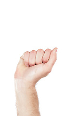 Image showing Sign language, fist and hand of a person for communication isolated on a white background in a studio. Zoom, countdown and fingers of a person to show numbers with a hand gesture on a backdrop