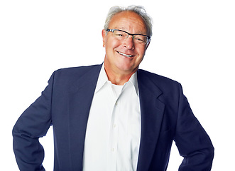 Image showing Happy, senior and portrait of businessman in studio with smile for optimistic career mindset of people. Mature corporate person smiling with confidence and happiness on isolated white background.