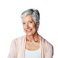 Image showing Natural, senior and portrait of woman in studio with cheerful, optimistic and joyful smile of people. Wellness, happiness and mature retirement person with skincare on isolated white background.