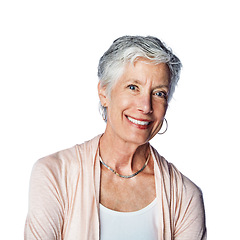 Image showing Happy, elderly and portrait of woman in studio with cheerful, optimistic and joyful smile of people. Wellness, happiness and senior retirement person with skincare on isolated white background.