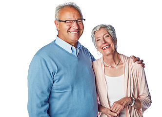 Image showing Senior couple, hug and retirement portrait in studio with happiness, love and support in happy marriage. A old man and woman together for commitment, care and trust isolated on a white background