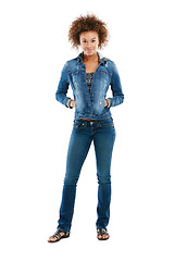 Image showing Studio, fashion and portrait of black woman in denim standing isolated on white background mockup. Makeup, aesthetics and cool young female model from Brazil with designer, stylish and trendy jeans.