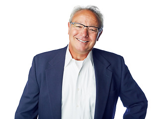 Image showing Senior, smile and portrait of a man in retirement feeling happy about work lifestyle. White background, studio and isolated elderly male employee retired and smiling with glasses and happiness