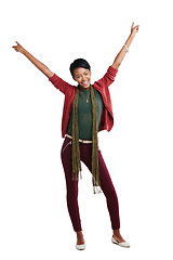 Image showing Black woman, smile in portrait with hands in air for celebration, winner and success isolated on white background. Happy woman, freedom and motivation with achievement, bonus or win with happiness