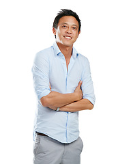 Image showing Portrait, man and proud asian in studio, happy and smile while posing, empowered on white background. Businessman, confidence and young, handsome and modern entrepreneur, relax and positive isolated