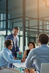 Image showing Leadership, manager and mature man with team meeting, planning and happy management in corporate business. Success, teamwork and communication of people, employees or staff executive in collaboration