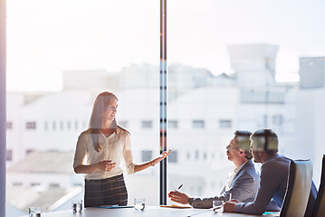 Image showing Leadership, meeting and manager woman in seminar discussion of gender equality, inclusion and empowerment, Corporate boardroom and professional hr person, people or employees with executive speaking