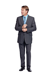 Image showing Professional, business man and corporate suit of a financial consultant with white background. Studio, isolated and finance worker model ready for executive company working feeling proud and happy