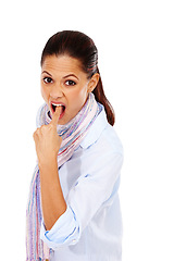 Image showing Disgusted portrait and woman sticking finger for nausea, sickness and vomit expression of people. Food poisoning and illness of young indian person on isolated white background in studio.