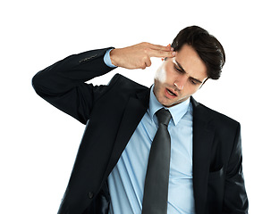 Image showing Business, man and gun gesture for depression, financial crisis and employee isolated on white studio background. Young person, male entrepreneur and leader shooting head, frustrated and mental health