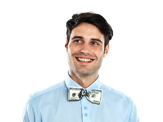 Image showing Portrait, business and man with dollar bow tie, cash and finance for accountant and economy. Money, male person and investor with accounting, financial and trader isolated on white studio background