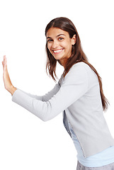 Image showing Happy, beautiful and portrait of a woman pushing the frame isolated on white background in studio. Attractive, smile and young Brazilian girl with hands for stop while smiling on a studio background