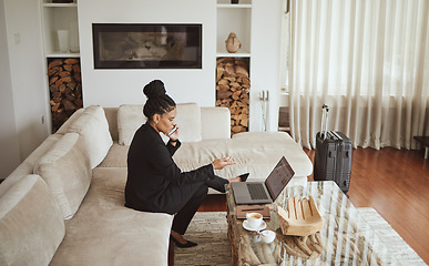 Image showing Phone call, communication and business woman with laptop, reading information and planning work during travel. Conversation, strategy and employee with computer strategy talking on a mobile on a trip