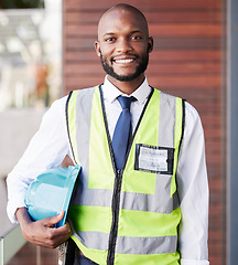 Image showing Face portrait, black man and construction architect with all access pass for summit conference. Engineer, architecture and happy male contractor, worker or employee holding safety helmet at workshop