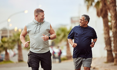 Image showing Running, men and fitness teamwork in city street, healthy lifestyle or outdoor wellness. Happy senior male friends, urban neighborhood exercise and training for energy, power or body workout together