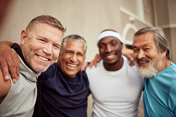 Image showing Senior men, fitness and smile portrait outdoor together for exercise motivation, retirement health support and diversity on training workout. Elderly athletes, happiness and sports friends wellness