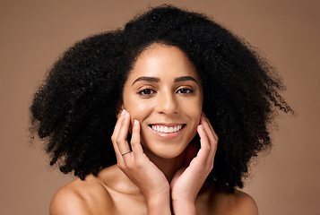 Image showing Black woman, portrait and smile with beauty, hands and cosmetic health with makeup, face or natural hair. Model, skin glow and facial cosmetics for self care, happy or afro by brown studio background