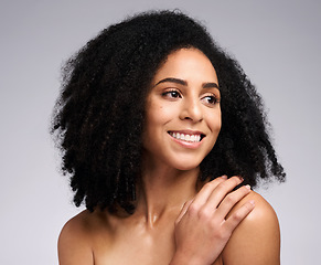 Image showing Beauty, hair and happy black woman with afro hair care, clean shampoo routine and natural facial cosmetics. Wellness, dermatology healthcare and aesthetic model face with makeup, beauty and skincare