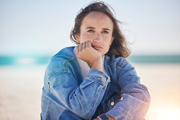 Image showing Mental health, woman and thinking on beach, depression and sad with financial crisis, problems or issue. Female, girl and mindset with anxiety, peace or calm on seaside vacation, frustrated or travel