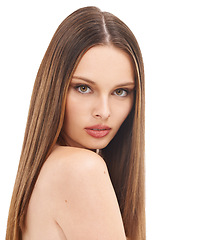 Image showing Brunette beauty model, portrait or skincare with makeup cosmetics, keratin treatment or isolated self care. Woman, face and brown color in hair care growth, collagen glow or white background mock up