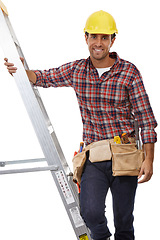 Image showing Construction, building and portrait of a handyman on a ladder for home improvement. Service, happy and safety construction worker with a maintenance or repair job on a white background in studio