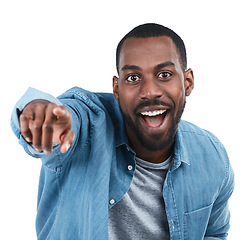 Image showing Black man, pointing and studio portrait with smile, excited and motivation by white background. Isolated African model, man and happy with hand sign for direction, vision and future with edgy fashion