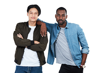 Image showing Fashion, men and portrait of friends in a studio with casual, stylish and trendy cool outfits. Interracial, friendship and young male models with style and luxury clothes isolated by white background