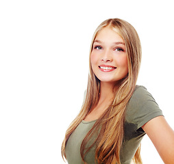 Image showing Beauty, young and portrait of a woman student with mockup space and white background. Studio, isolated and smile of a happy person with happiness and smiling with mock up alone proud of youth